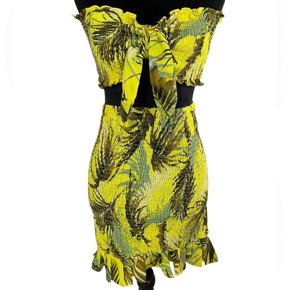 Yellow multicolored Willa crinkled tube top,skirt, two piece adjustable tie,